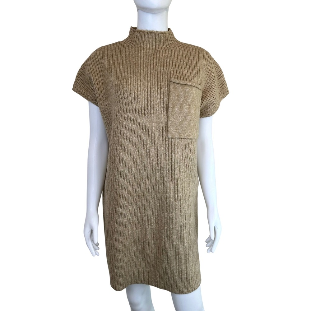 Entro Sweater Dress Ribbed Mock Neck Pocket Camel Tan Women Size S NWT